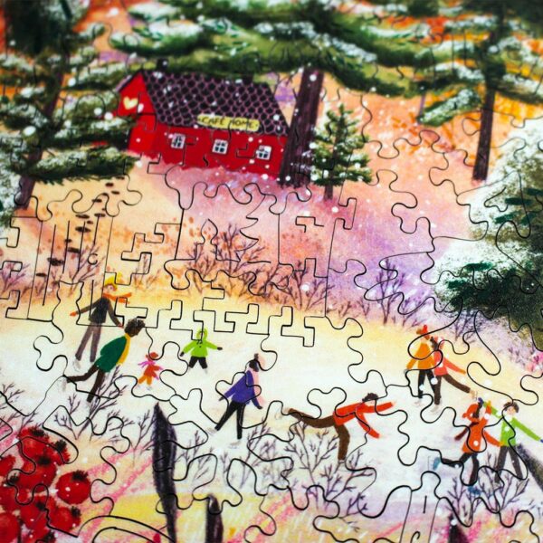 zoomed in happy winter wooden jigsaw puzzle showing the puzzle cut and friends ice skating