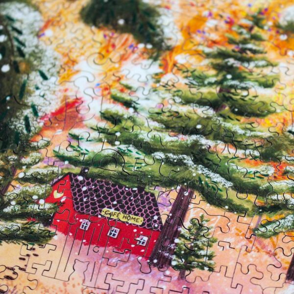 detailed photo of happy winter jigsaw puzzle showing a cafe in a winter scene