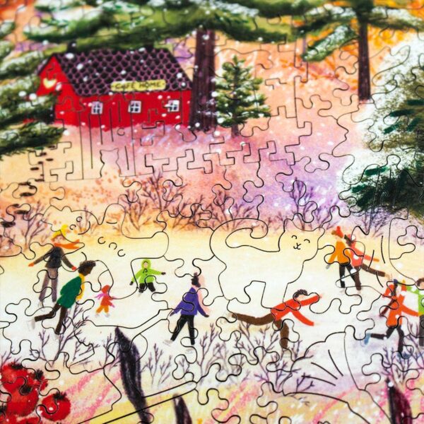 zoomed in happy winter wooden jigsaw puzzle showing the puzzle cut and friends ice skating